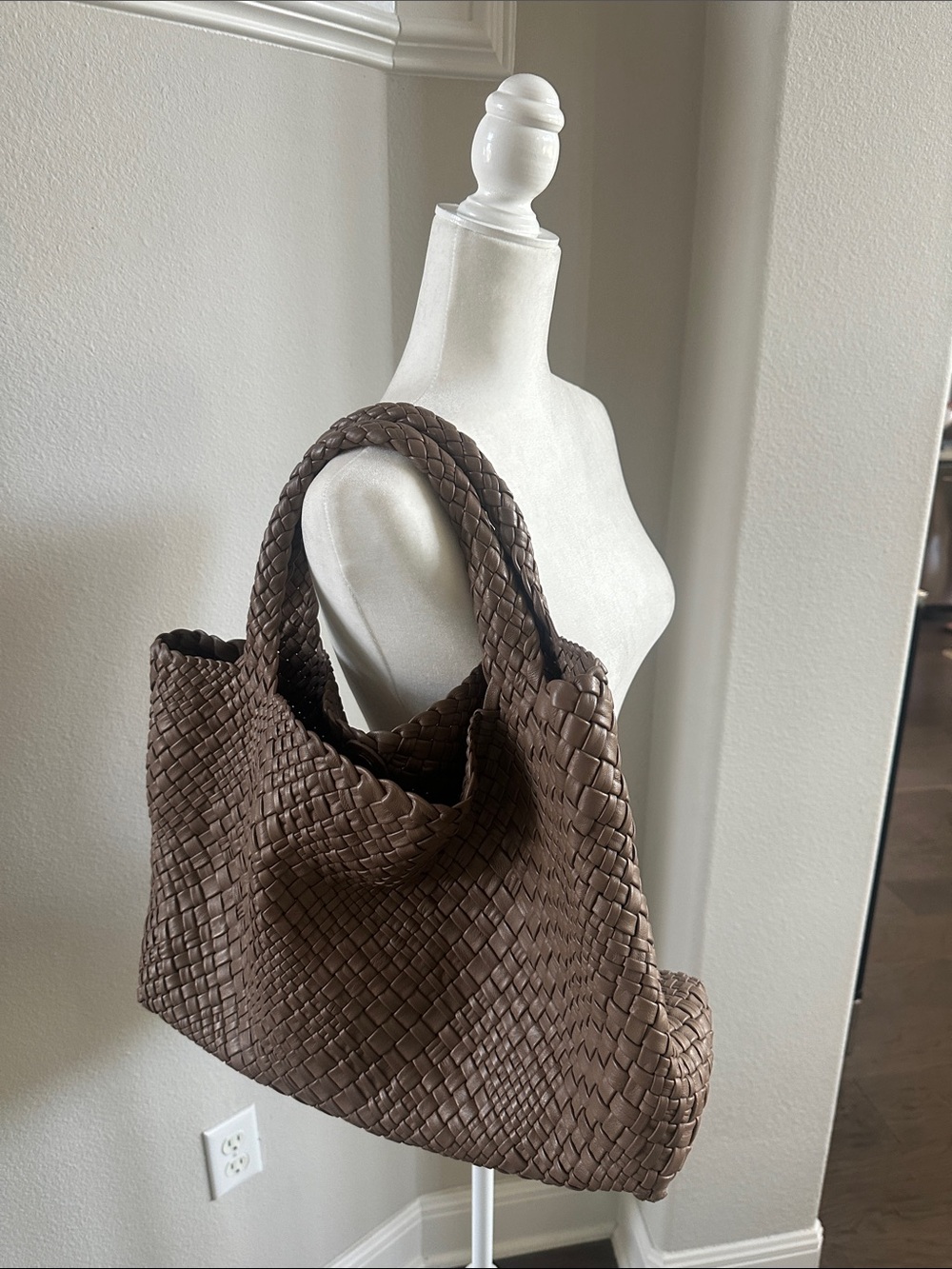 Falor-Italian Genuine Leather-Braided Shoulder Tote Bag in Taupe